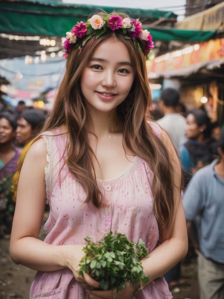 A pretty girl in a crowded slum market,  wear a flower crown,  smiling by Hex4 on Tensor.Art