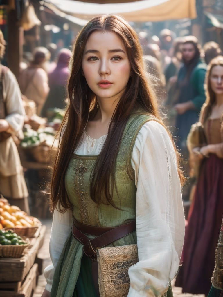 A pretty girl in a crowded medieval market,  market vendors,  upper body by Hex4 on Tensor.Art