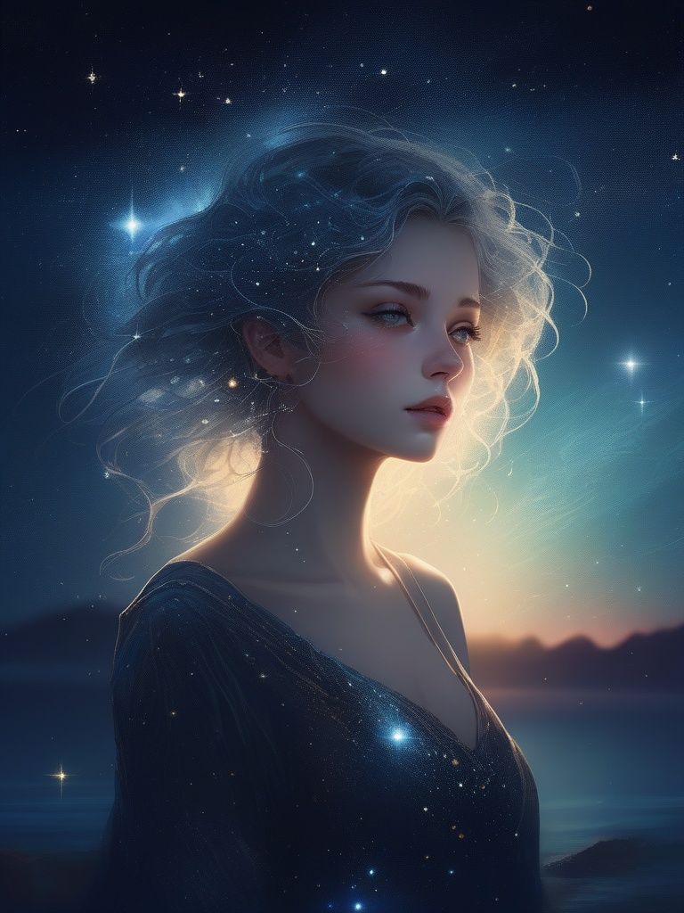 The girl's luminous silhouette is softly illuminated by the gentle glow of distant constellations, casting a celestial radiance upon her delicate features. Her eyes, reflecting the vastness of the cosmos, sparkle with an otherworldly brilliance, mirroring the countless stars that twinkle above her. Each strand of her hair seems to possess a life of its own, as if infused with the very essence of the sky and sea, <lora:catcat-xl:0.4>