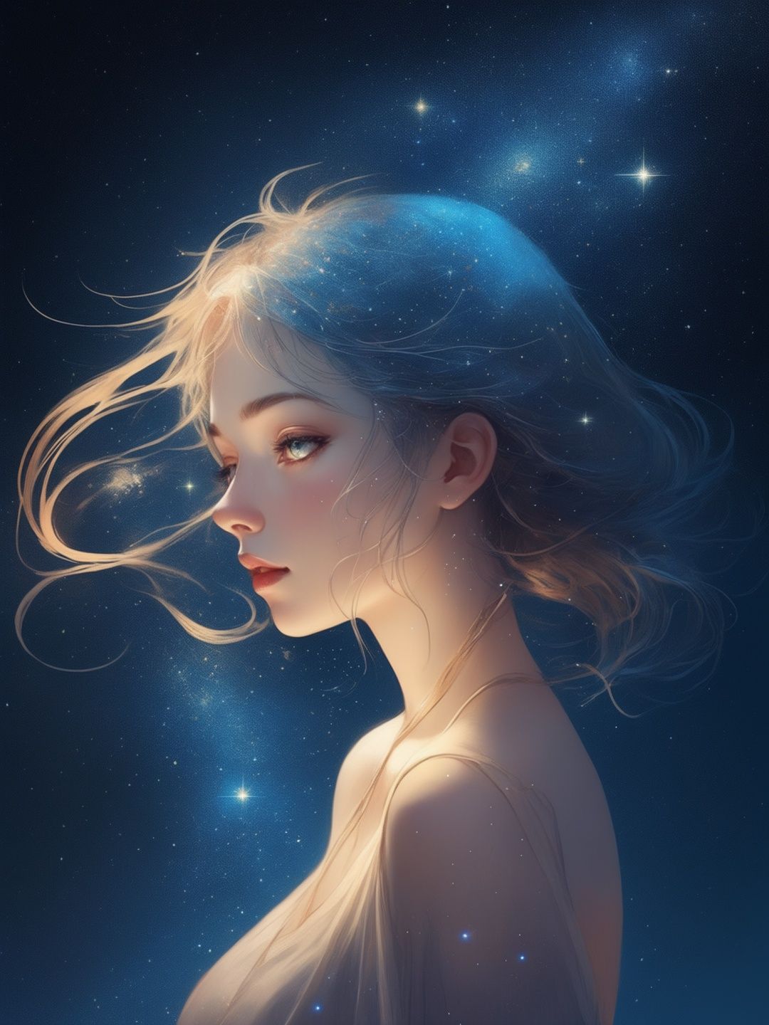 The girl's luminous silhouette is softly illuminated by the gentle glow of distant constellations, casting a celestial radiance upon her delicate features. Her eyes, reflecting the vastness of the cosmos, sparkle with an otherworldly brilliance, mirroring the countless stars that twinkle above her. Each strand of her hair seems to possess a life of its own, as if infused with the very essence of the sky and sea, <lora:catcat-xl:0.4>