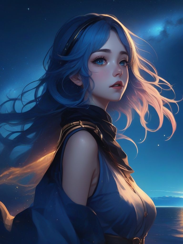 ((masterpiece)), (illustration), (highres), (((best quality))), ((ultra-detailed)), illugirl, giant, glowing, giantess, star \(sky\), sky, blue eyes, size difference, starry sky, long hair, standing, glowing eyes, night, blue theme, blue skin, multiple girls, 2girls, looking at viewer, night sky, 1girl, outdoors, dress, blue hair, colored skin, <lora:catcat-xl:0.6>,