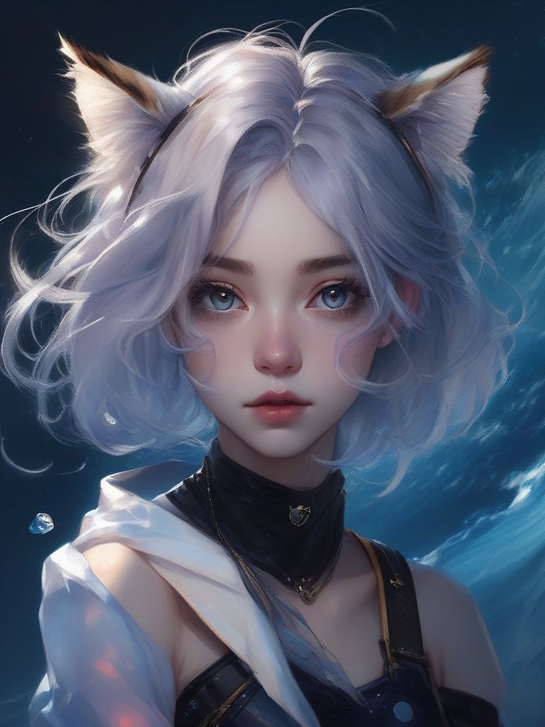 petite, 1girl, solo, white hair,hair intakes, floating hair,head wreath,tiger tooth,galaxy,choker,center frills,torn clothes,embarrassed ,{{{{by famous artist}}}, beautiful, masterpiece, reflective hair, good lighting, {{looking at you}}, {{{{by wadim kashin}}}}, {{{{ray tracing}}}}, flowing hair, glossy hair, {{{super detailed skin}}}, masterpiece, masterwork, detailed, good lighting, glass tint, zoom in on eyes, {{reflective eyes}}, water eyes, portrait of girl, <lora:catcat-xl:0.6>