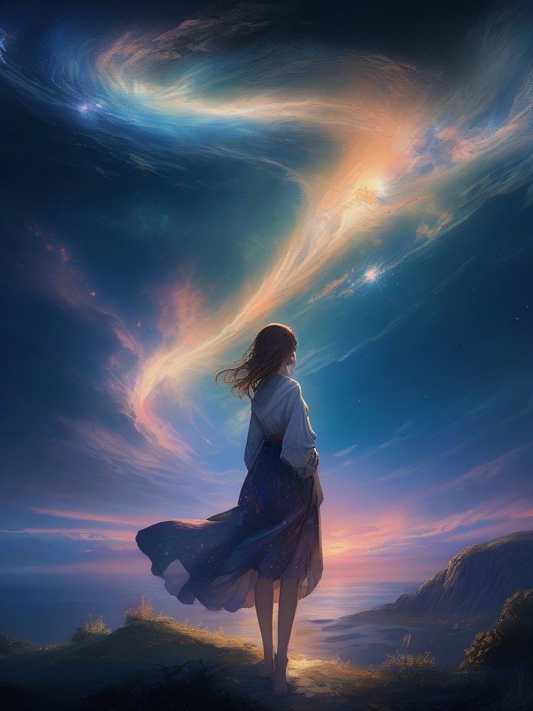 ((masterpiece)), (illustration), (highres), (((best quality))), ((ultra-detailed)),As she stands upon an invisible precipice, her feet seemingly suspended in mid-air, the girl gazes out into the horizon where the celestial and aquatic realms converge. The night sky stretches out above her, adorned with a tapestry of celestial wonders; clusters of stars form celestial bouquets, while galaxies spin like cosmic whirlpools, creating a breathtaking spectacle that defies the limits of imagination, <lora:catcat-xl:0.6>,