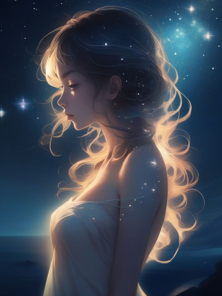 The girl's luminous silhouette is softly illuminated by the gentle glow of distant constellations, casting a celestial radiance upon her delicate features. Her eyes, reflecting the vastness of the cosmos, sparkle with an otherworldly brilliance, mirroring the countless stars that twinkle above her. Each strand of her hair seems to possess a life of its own, as if infused with the very essence of the sky and sea, <lora:catcat-xl:0.4>