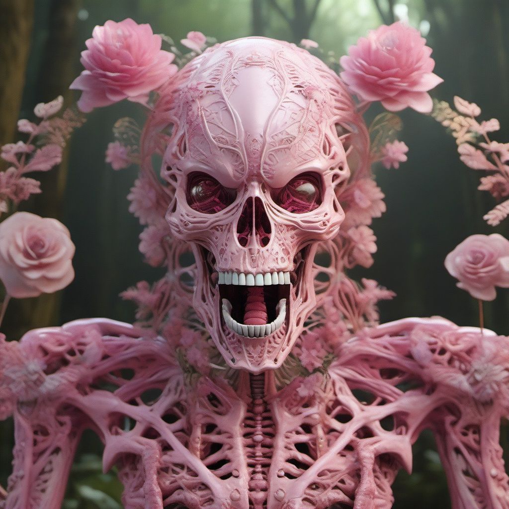 ((masterpiece)), ((best quality)), 8k, high detailed, ultra-detailed, (pink skeleton), facing forward, with a flower in its mouth, (forest).