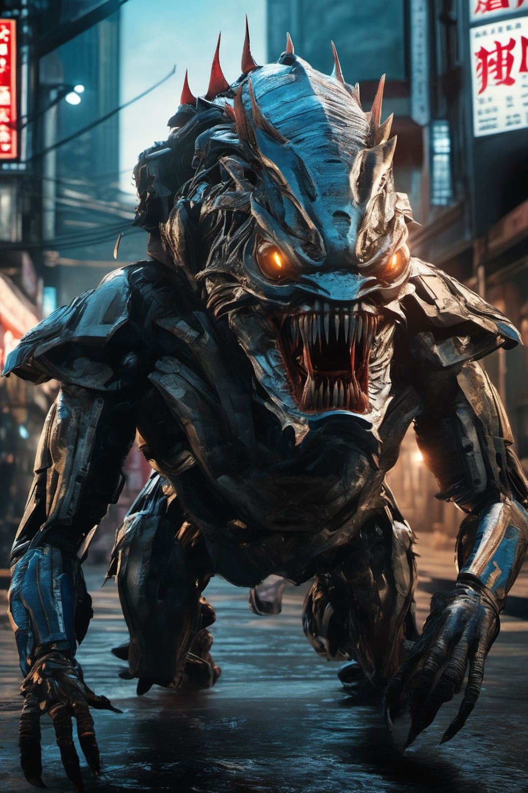 ((masterpiece)), ((best quality)), 8k, high detailed, ultra-detailed, (Japanese street), (fish head humanoid), (monstrous creature), pollution, (cinematic lighting), (ultra-wide-angle lens), high octane, HD, (movie poster style).