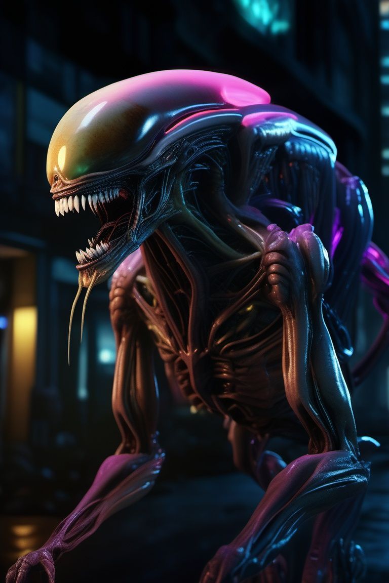 ((An alien)), in the city, at night, (neon lights), ultra clear picture quality, futuristic style, ((masterpiece)), ((best quality)), 8k, high detailed, ultra-detailed,