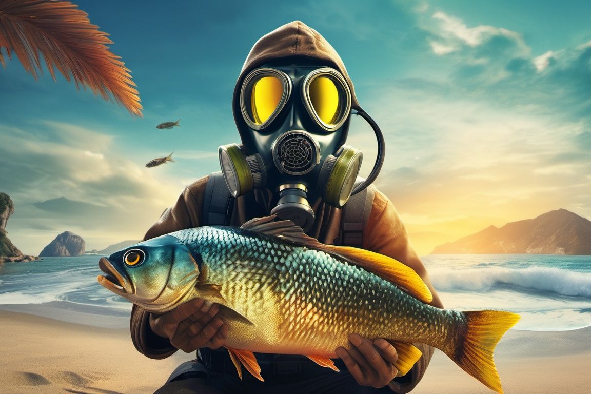 ((masterpiece)), ((best quality)), 8k, high detailed, ultra-detailed, (a person wearing a gas mask), selling fish at the beach, (a fish with its mouth wide open), (strange creature), (cinematic lighting), (super wide-angle lens), (high octane rating), HD, (movie poster style).