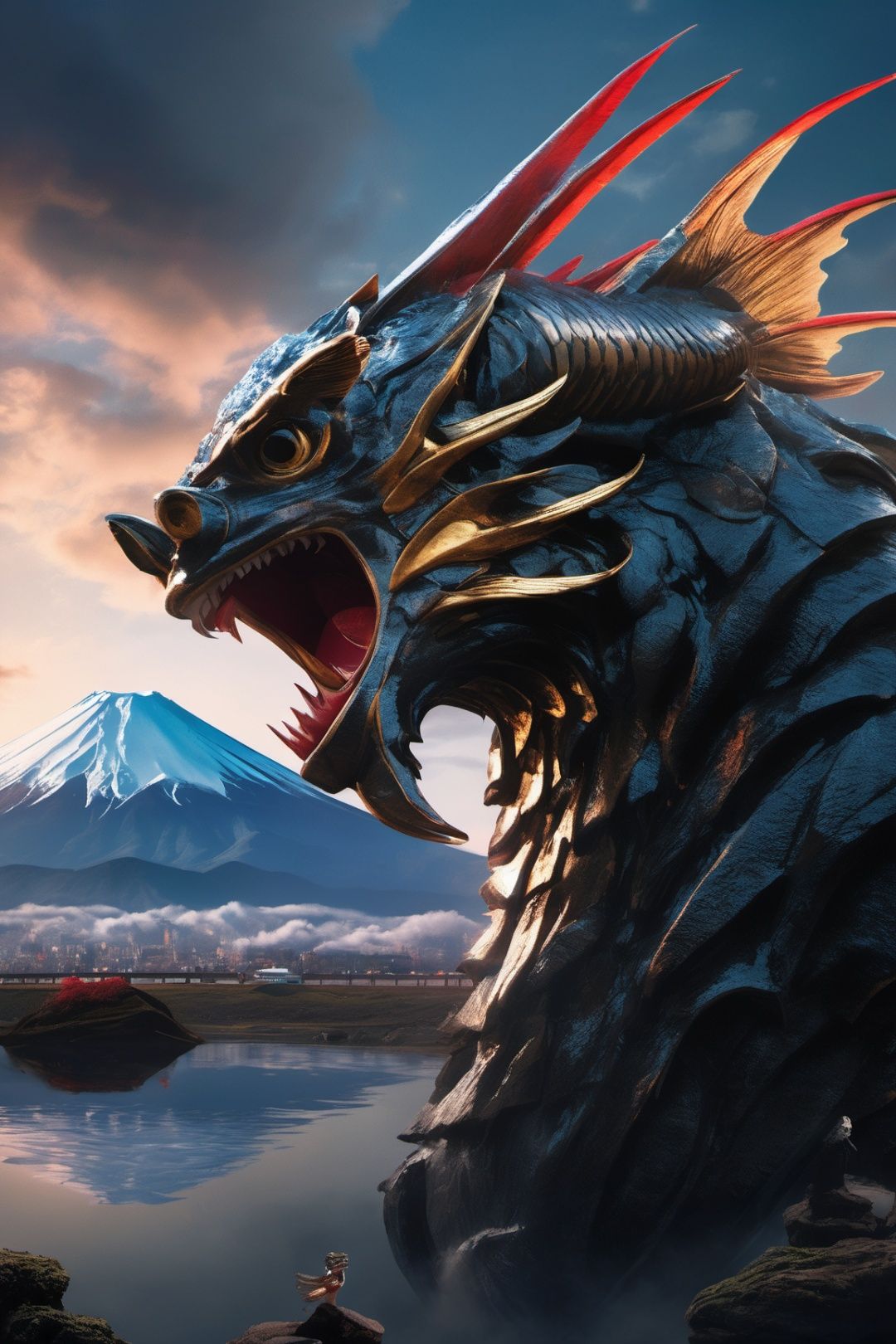 ((masterpiece)), ((best quality)), 8k, high detailed, ultra-detailed, (Japan's Mount Fuji), (fish head with human body), (mythical creature), (pollution), (cinematic lighting), (wide-angle lens), (high octane value), HD, (movie poster style).