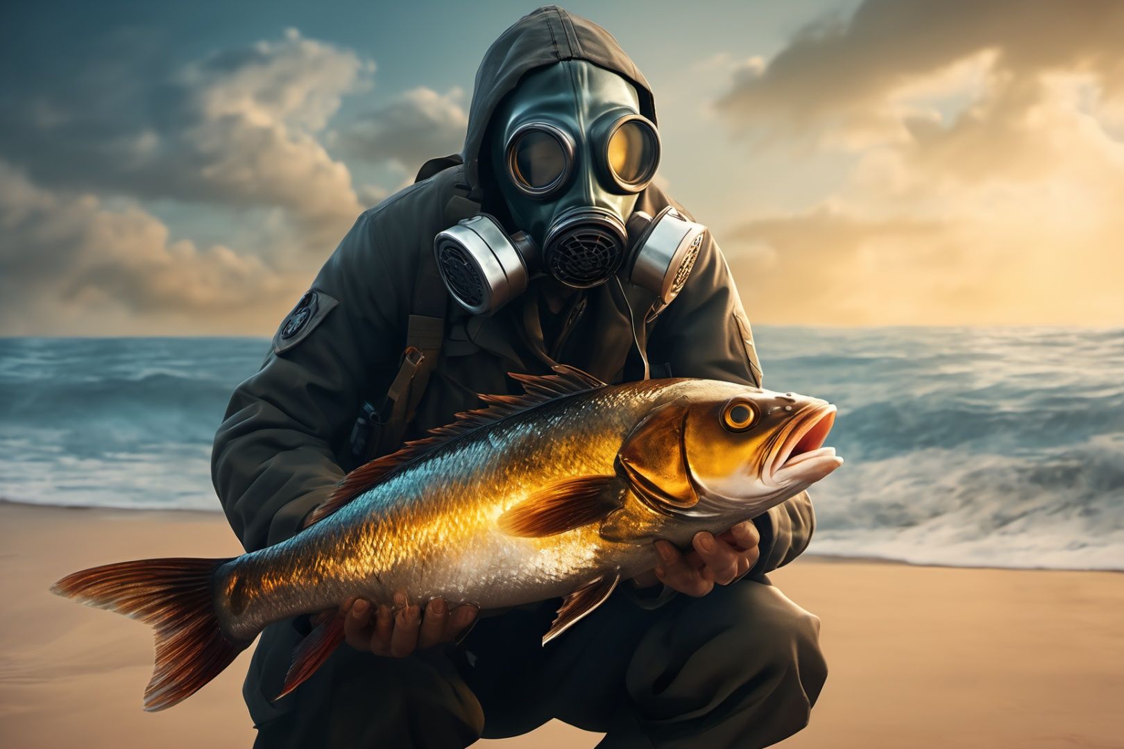 ((masterpiece)), ((best quality)), 8k, high detailed, ultra-detailed, (a person wearing a gas mask), selling fish at the beach, (a fish with its mouth wide open), (strange creature), (cinematic lighting), (super wide-angle lens), (high octane rating), HD, (movie poster style).