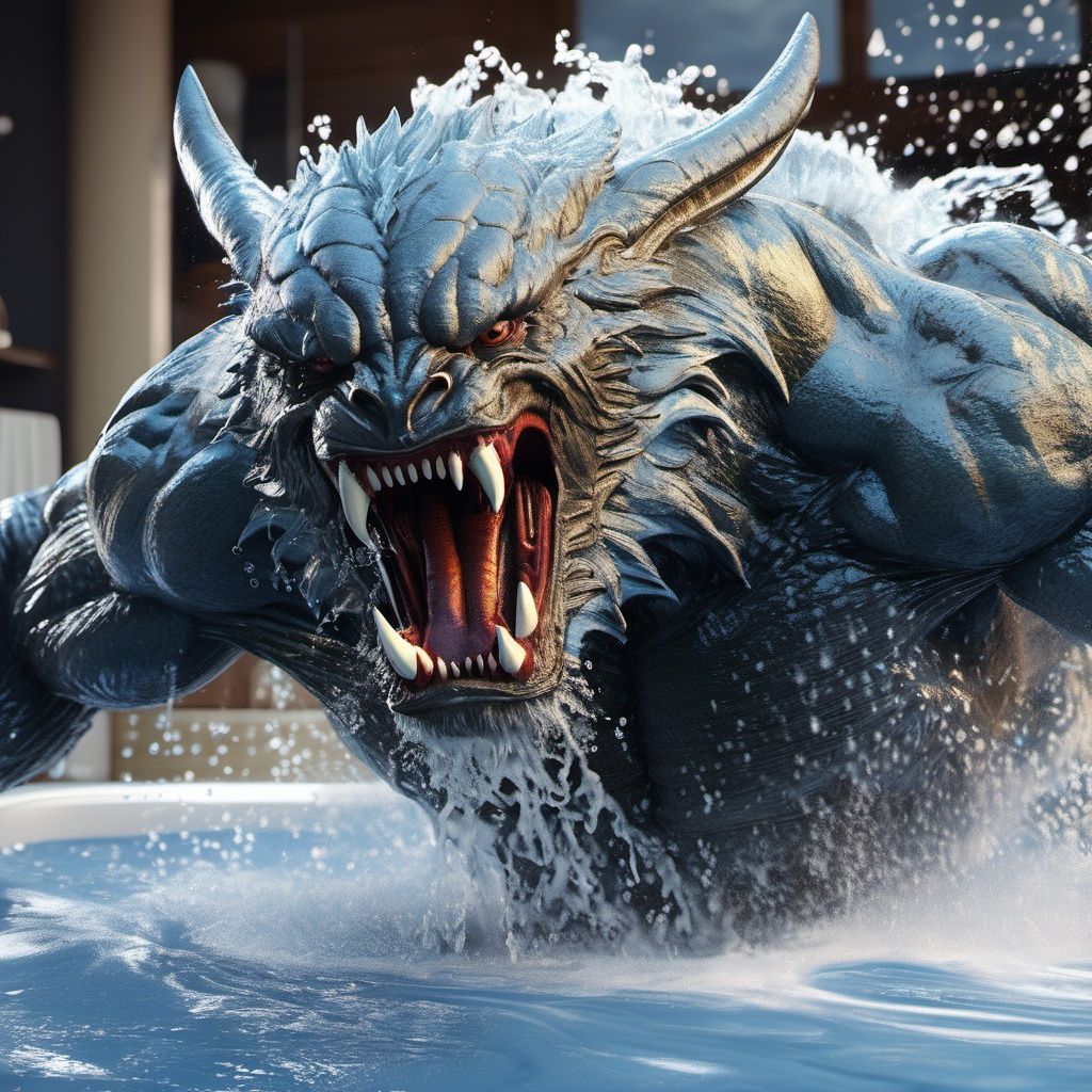 ((masterpiece)), ((best quality)), 8k, high detailed, ultra-detailed, (beast) taking a bath, solo, (close-up), (water splashing), (unusual creature), high detailed, ultra-detailed.