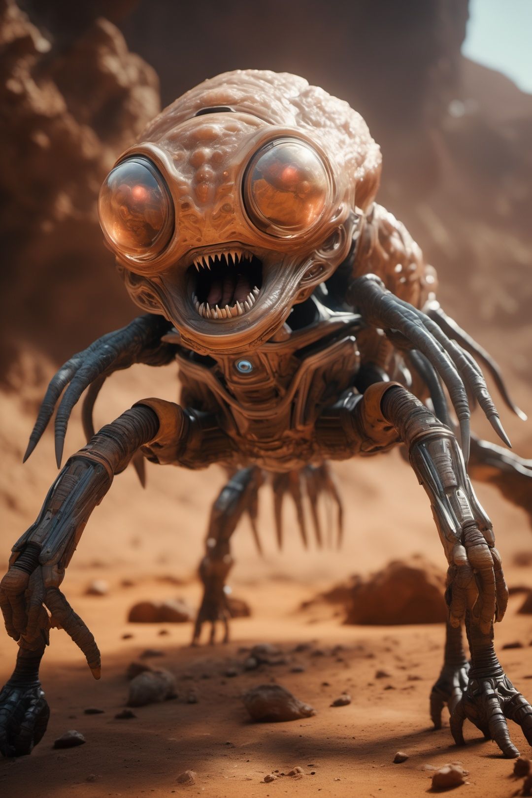 ((masterpiece)), ((best quality)), 8k, high detailed, ultra-detailed, (a group of strange alien creatures) burst out from underground on Mars, with their ferocious faces and bodies covered in tough shells. They emit piercing roars and launch attacks towards the adventurers..wujie