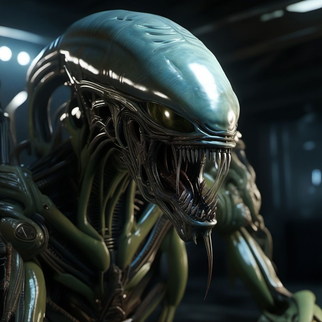 ((Alien creature)), on the extraterrestrial battlefield, (futuristic environment), metallic, mechanical, ((alien technology)), ((advanced weaponry)), ((masterpiece)), ((best quality)), 8k, high detailed, ultra-detailed,