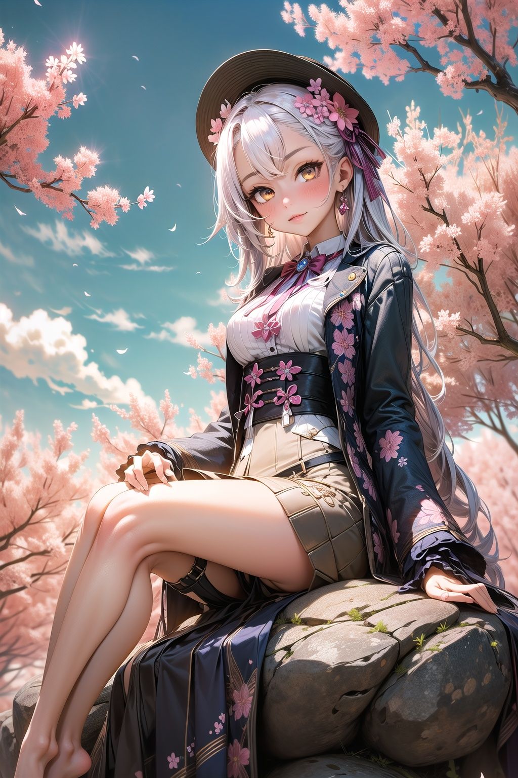 1girl, solo, long hair, looking at viewer,sitting on rock,blue sky,sakura card, FGO