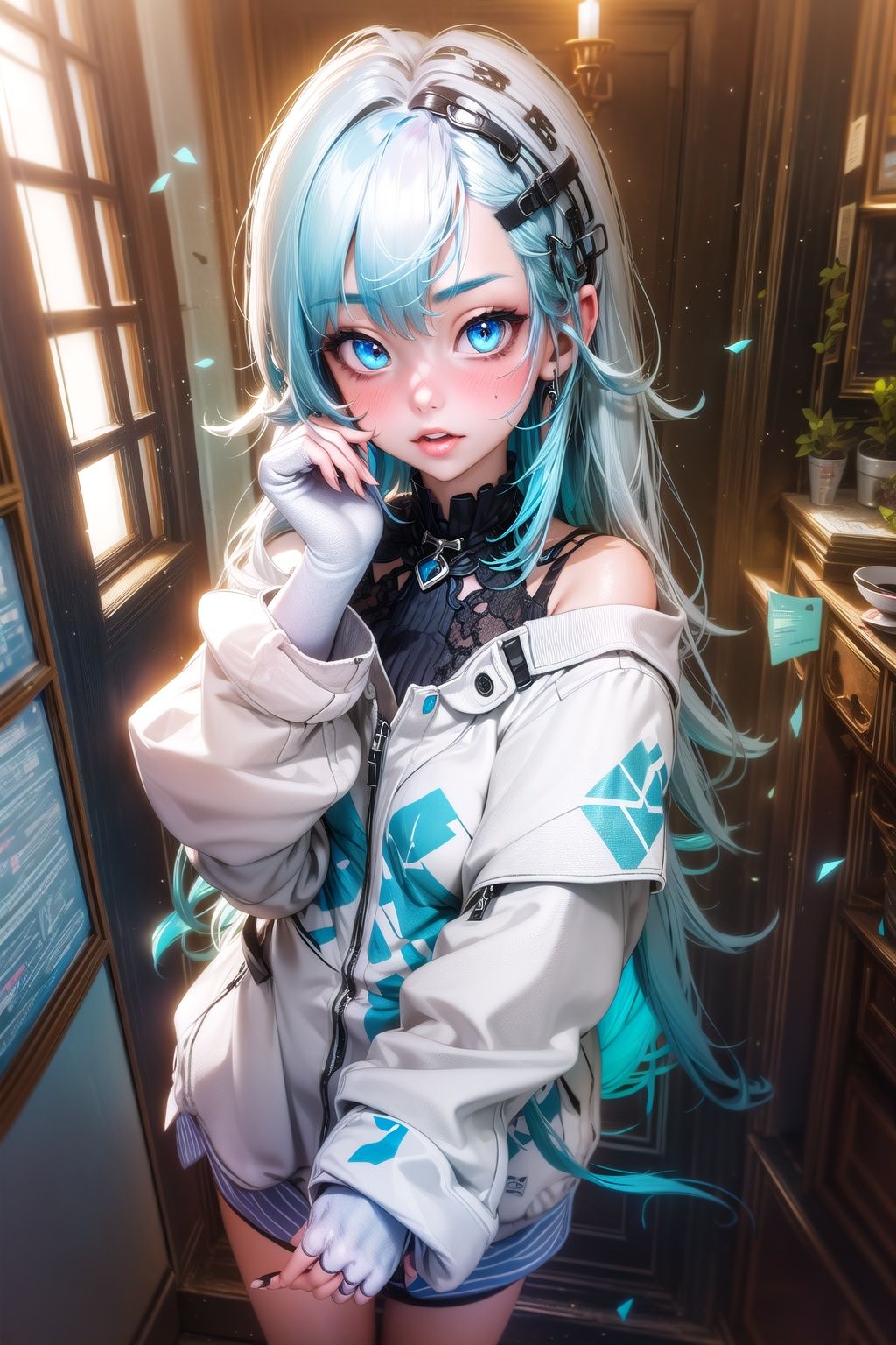 1girl, solo, blue hair, long hair, 