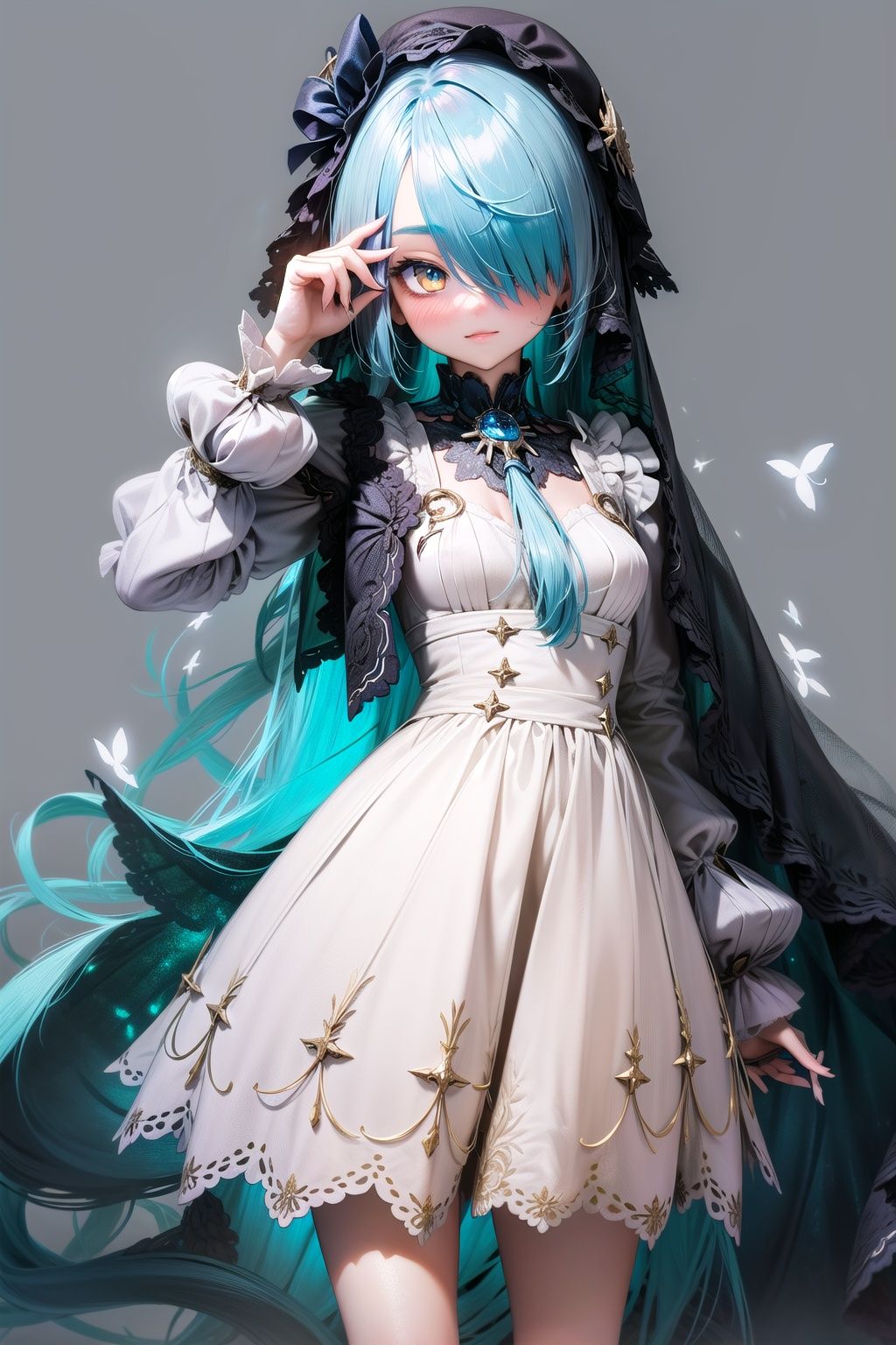  Sistermon Ciel, 1girl, solo, blue hair, long hair, dress, very long hair, loli, covered eyes, white dress, one eye covered, long sleeves, small breasts,