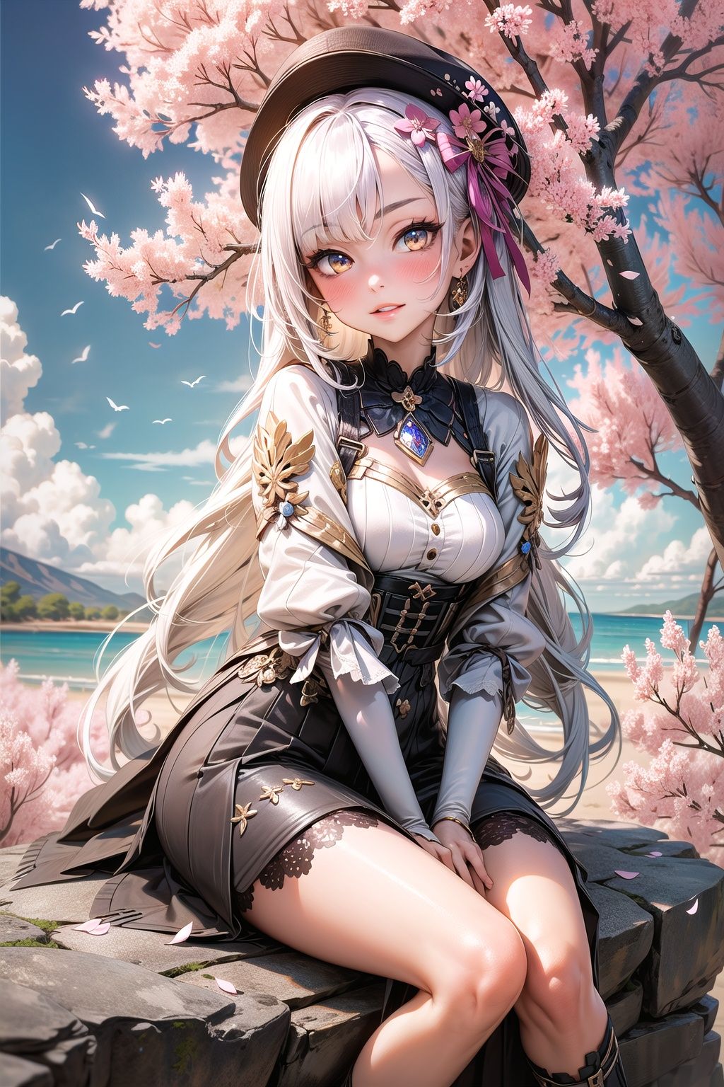 1girl, solo, long hair, looking at viewer,sitting on rock,blue sky,sakura card, FGO