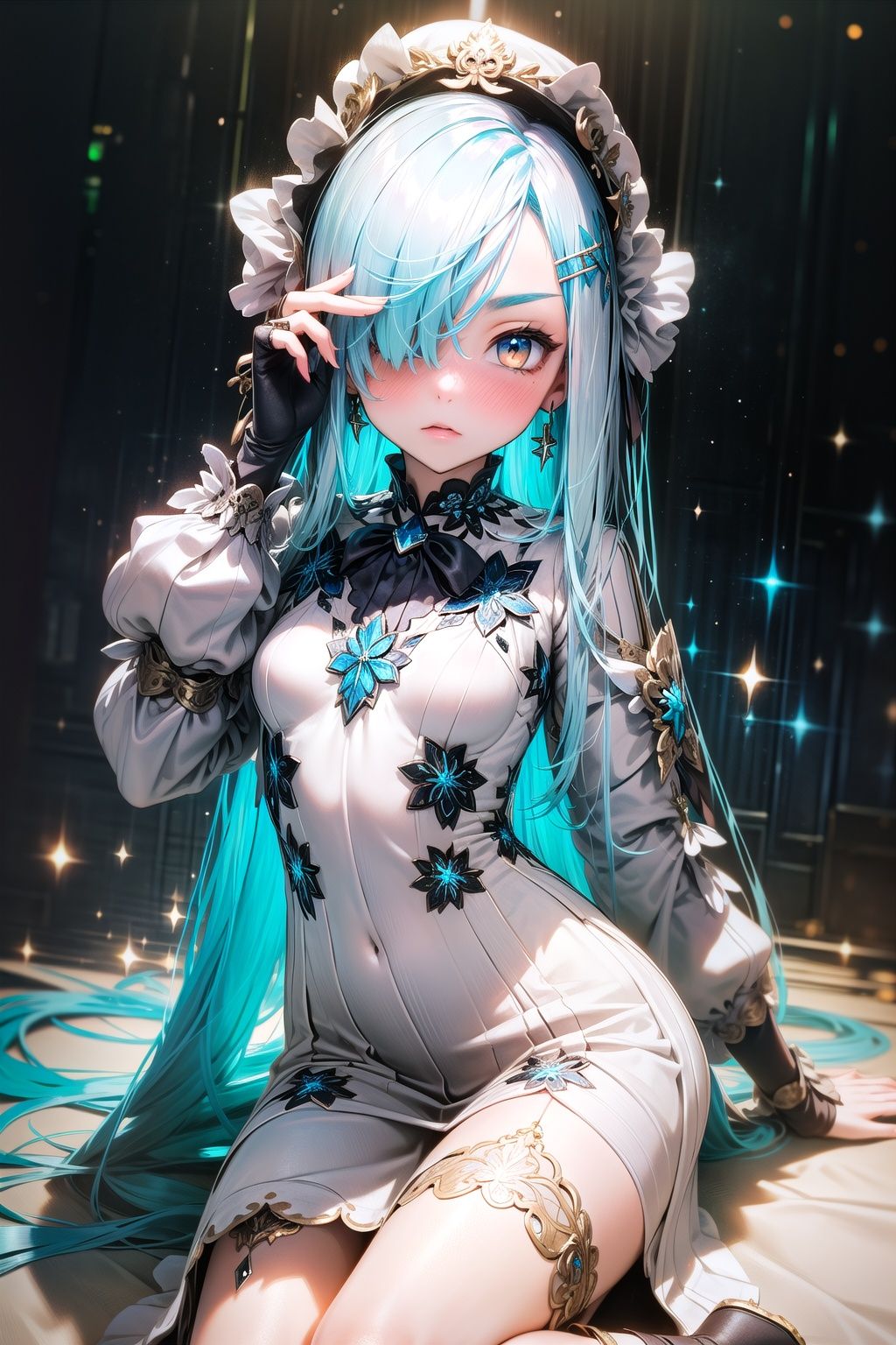  Sistermon Ciel, 1girl, solo, blue hair, long hair, dress, very long hair, loli, covered eyes, white dress, one eye covered, long sleeves, small breasts,