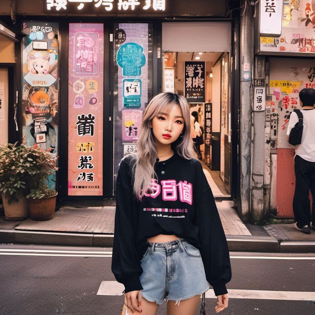 photograph of asian instagram influencer girl wearing Harajuku Fashion streetwear in an urban city environment,  tokyo,  p...