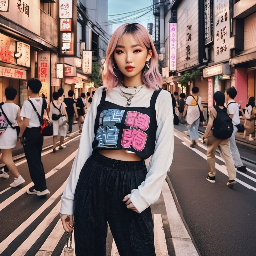 photograph of asian instagram influencer girl wearing Harajuku Fashion streetwear in an urban city environment,  tokyo,  p...