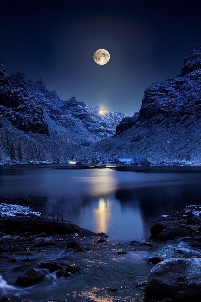 nature,night, sky, moon, mountain, night sky, water, rock, star \(sky\), reflection, river, lake
