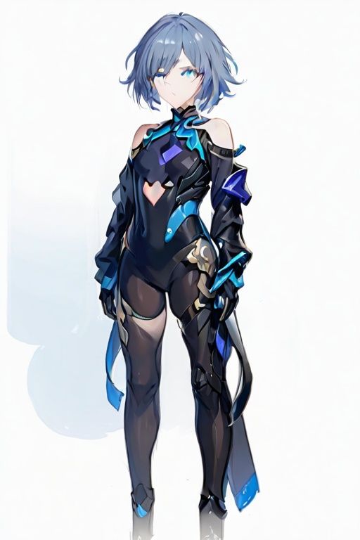(masterpiece:1.3), (the best quality:1.2), (super fine illustrations:1.2), (Masterpiece), high quality, high detail, (white background:1.2), looking at viewer, (SOLO:1.4), outline, simple background, ,  hair_between_eyes, yuelun, fu_hua, hair_ornament, bodysuit, blue_eyes,  yuelun, 

