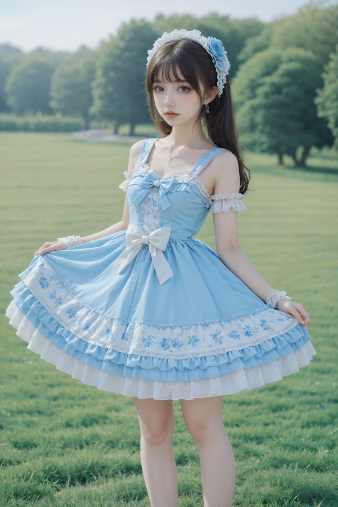 a girl in a lolita dress, lolita_fashion, blue and black,1girl, solo, realistic, full body