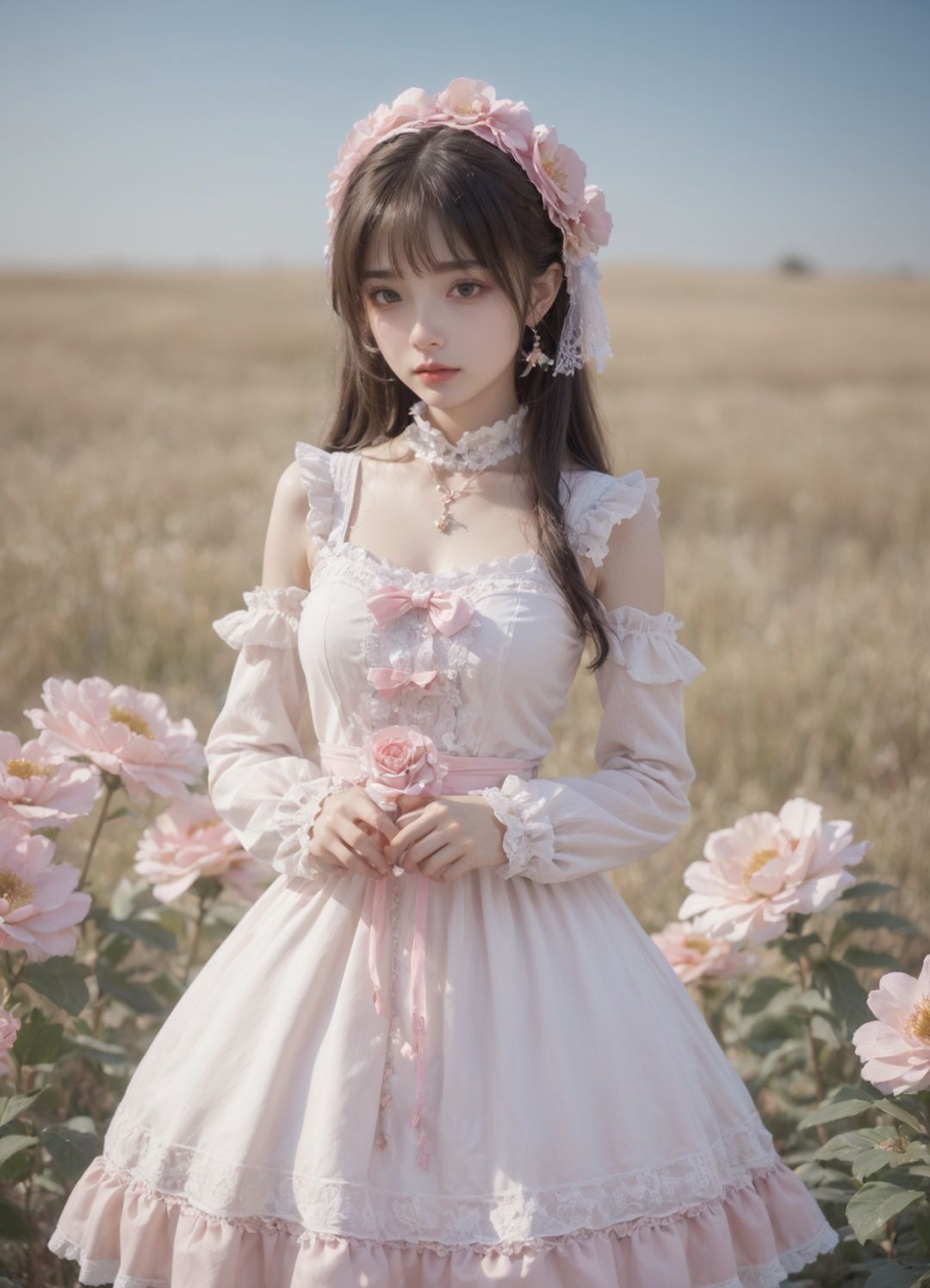 a girl in a lolita dress, lolita_fashion, 1girl, solo, realistic, full body<lora:SweetLolita:0.8>