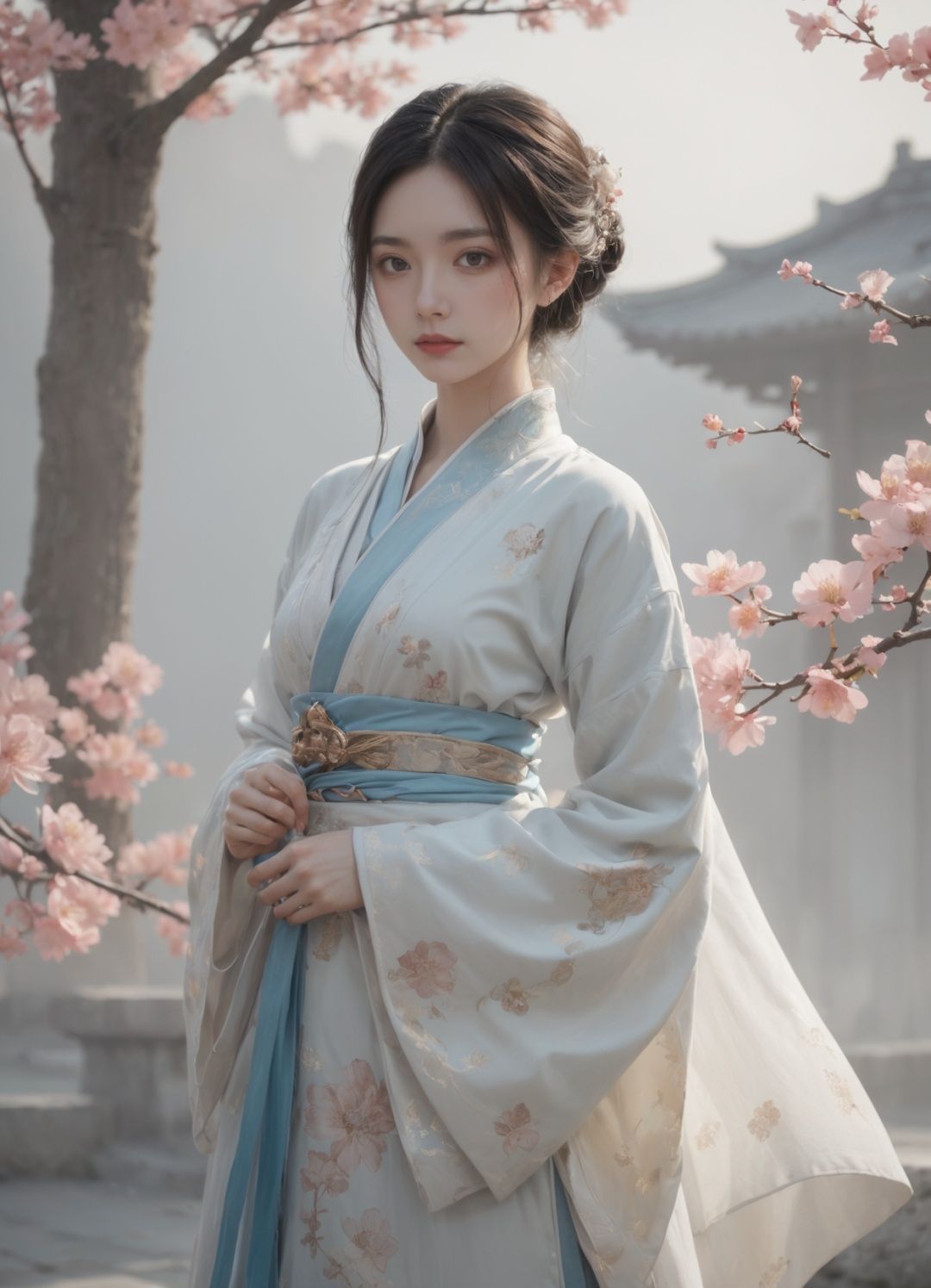 a girl in a hanfu dress, 1girl, solo, realistic, full body<lora:SweetLolita:0.8>