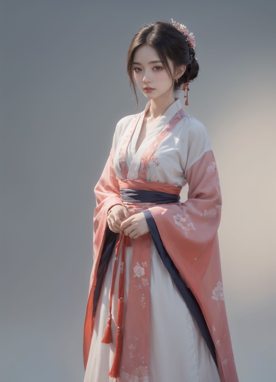 a girl in a hanfu dress, 1girl, solo, realistic, full body<lora:SweetLolita:0.8>