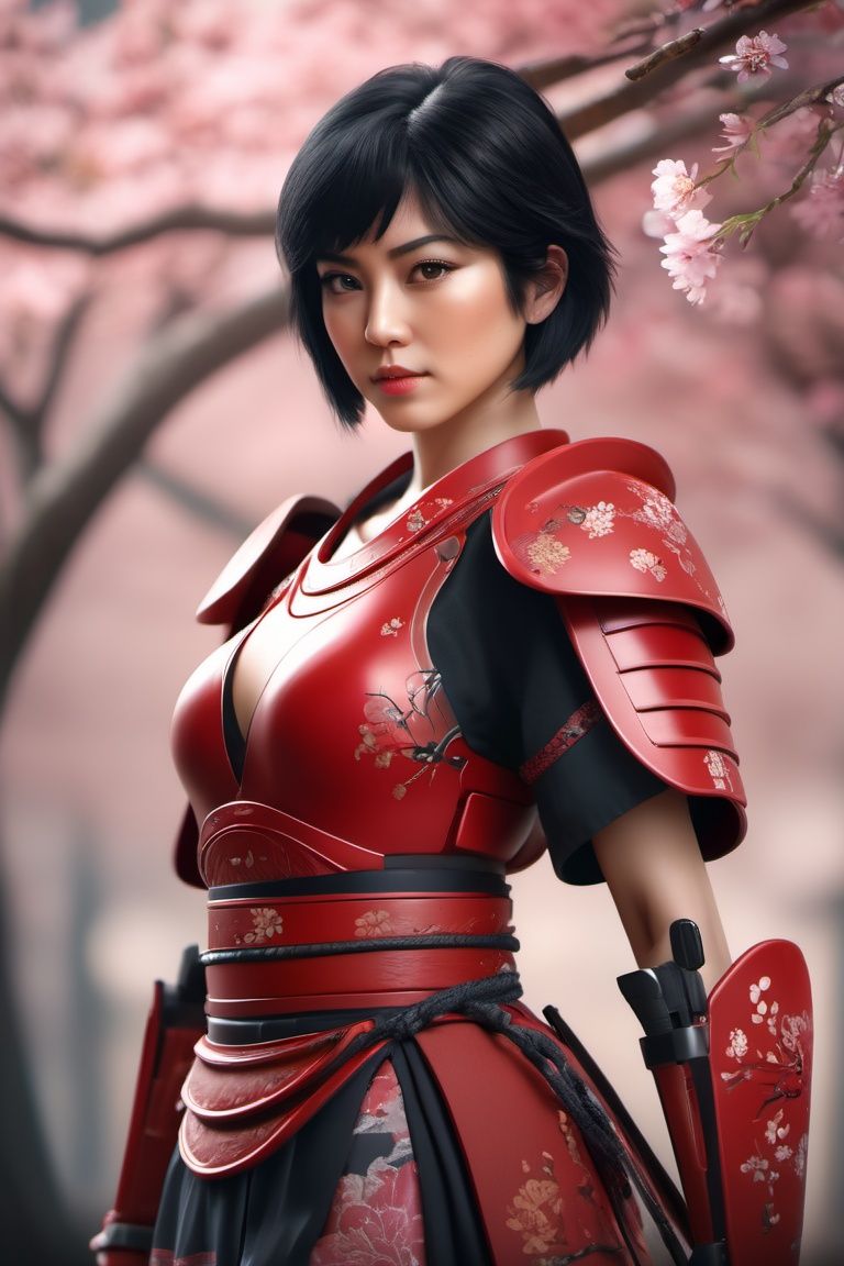 a beautiful short black hair woman,  dressed in red samurai armor,  red scarlet eyes on Tensor.Art