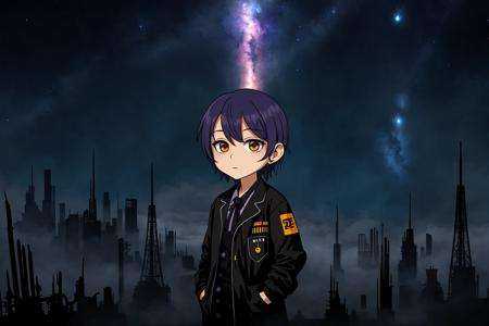 chibi scientist black labcoat in an alien landscape by HR Giger,  night sky with nebula,  insane high skyscrapers on Tenso...