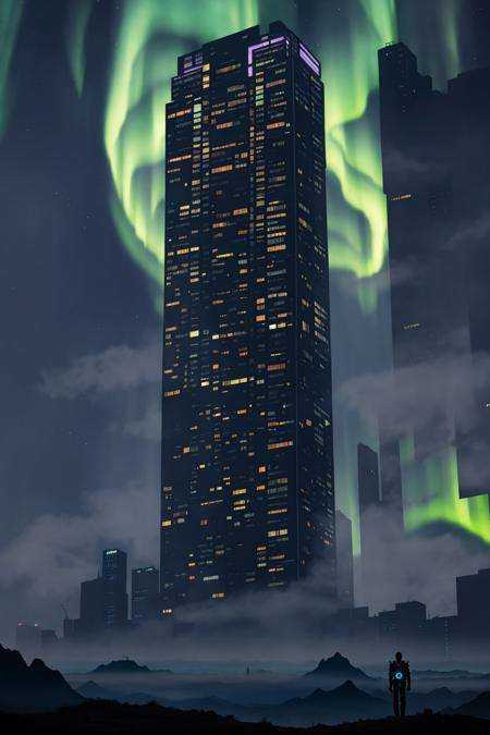 an alien landscape by HR Giger,  night sky with aurora,  insane high skyscrapers on Tensor.Art