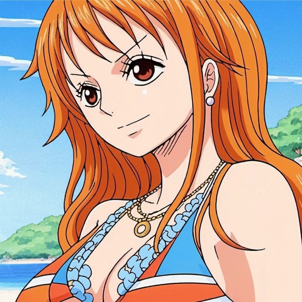 ((best quality)), ((masterpiece)), ((ultra-detailed)), (illustration), (detailed light), (an extremely delicate and beautiful),((trim)),
1girl, solo, breasts, swimsuit, long hair, one eye closed, bikini, orange hair, jewelry, large breasts, day, smile, cleavage, necklace, upper body, earrings