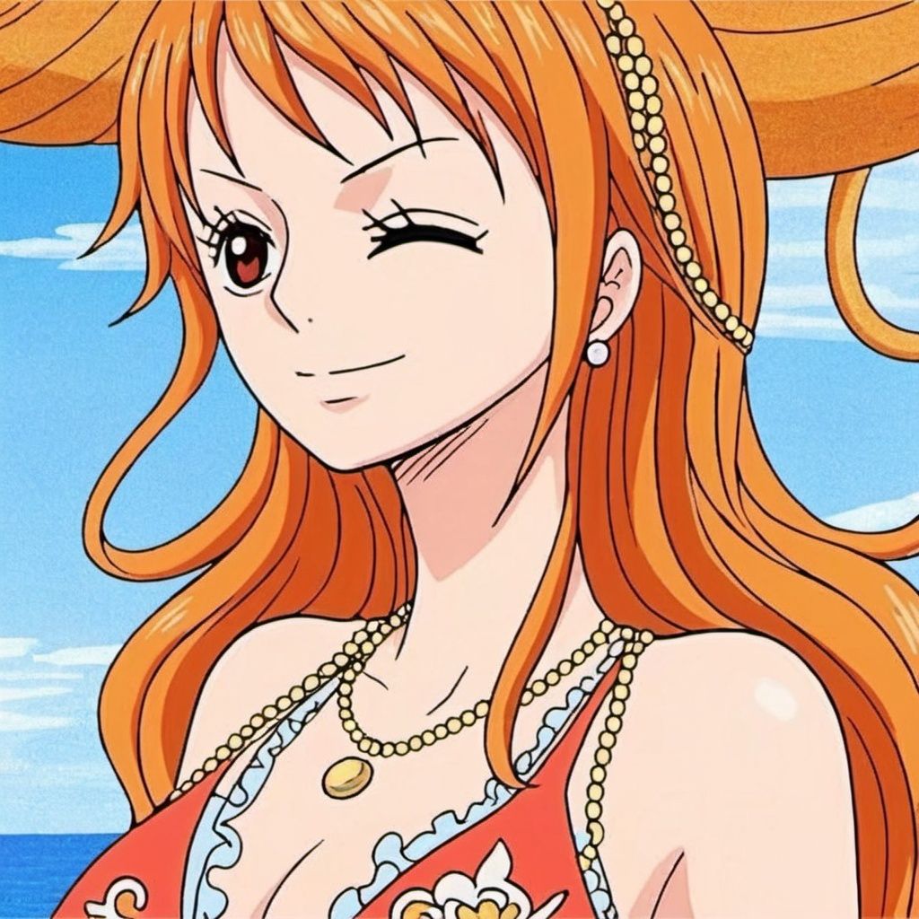 ((best quality)), ((masterpiece)), ((ultra-detailed)), (illustration), (detailed light), (an extremely delicate and beautiful),((trim)),
1girl, solo, breasts, swimsuit, long hair, one eye closed, bikini, orange hair, jewelry, large breasts, day, smile, cleavage, necklace, upper body, earrings