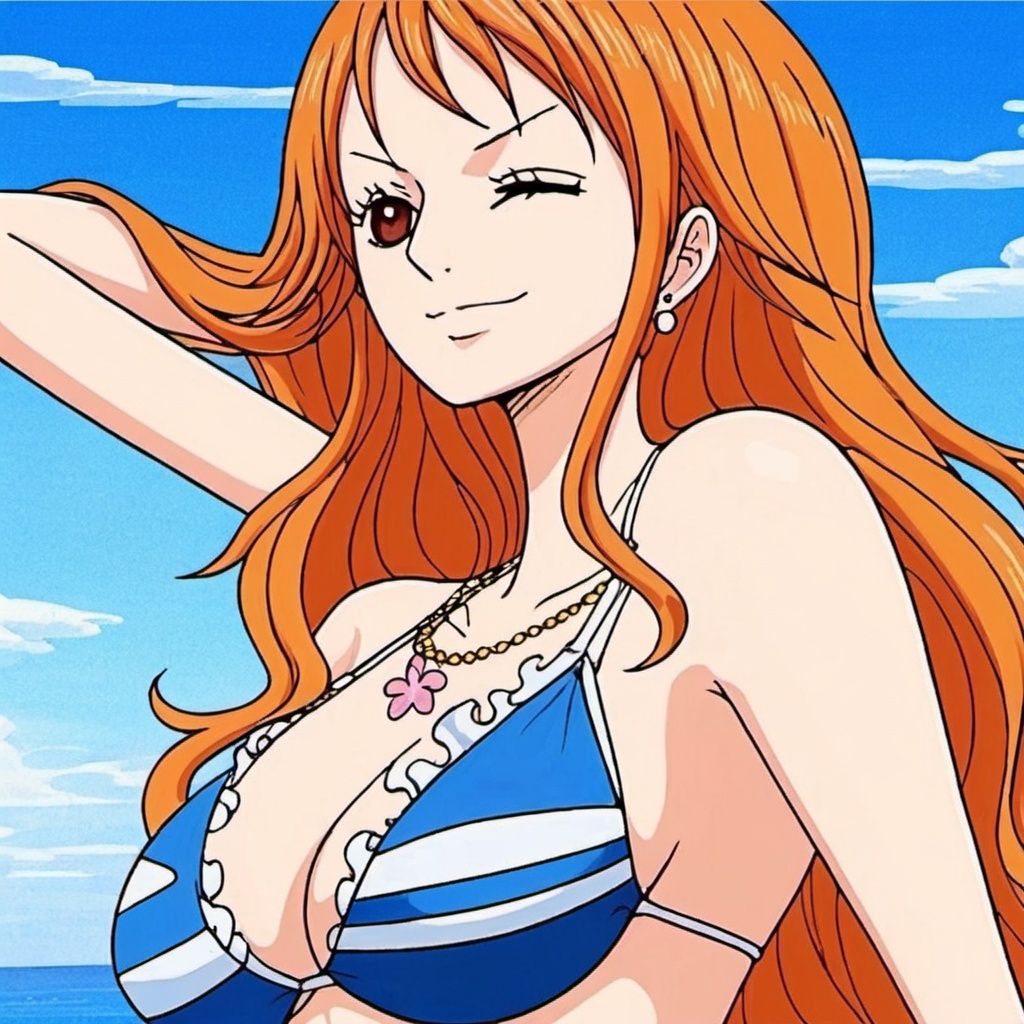 ((best quality)), ((masterpiece)), ((ultra-detailed)), (illustration), (detailed light), (an extremely delicate and beautiful),((trim)),
1girl, solo, breasts, swimsuit, long hair, one eye closed, bikini, orange hair, jewelry, large breasts, day, smile, cleavage, necklace, upper body, earrings