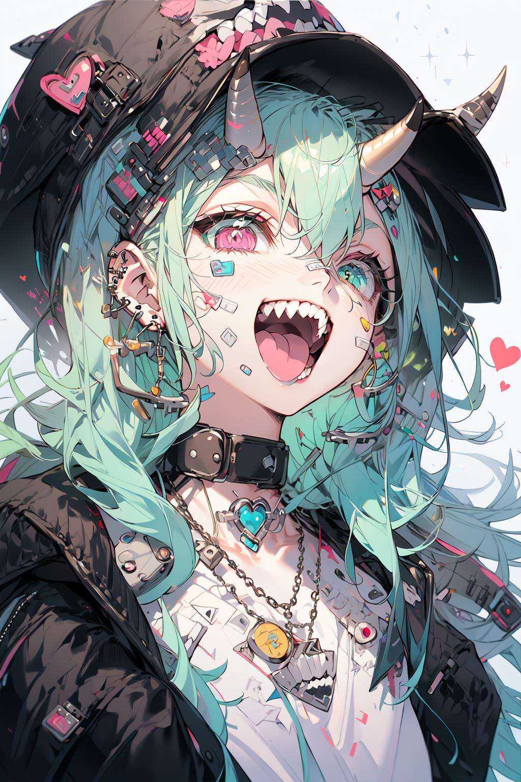 (masterpiece:1.2), best quality,PIXIV,Rebellious girl,portrait, 1girl, solo, tongue, hat, teeth, jewelry, sharp teeth, green hair, multicolored hair, looking at viewer, green eyes, open mouth, jacket, tongue out, piercing, necklace, heterochromia, ear piercing, upper body, bandaid, horns, baseball cap, hair between eyes, choker, bandaid on face, black shirt, pink eyes, earrings, bangs, simple background, hair ornament, smile, heart, open clothes, white background, open jacket, collar, badge, shirt, chain, chain necklace, streaked hair, white jacket, hairclip, spikes <lora:Rebellious girl_20230813171407:1>