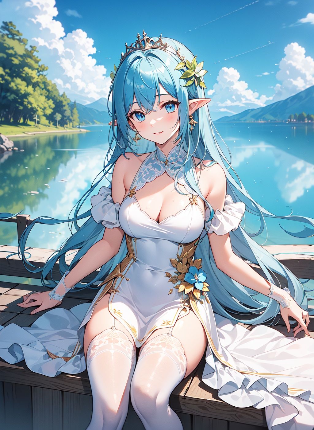 (masterpiece:1.15), (best quality:1.05), (extremely detailed CG unity 8k wallpaper:1.05), (finely detail:1.1), (ultra-detailed:1.1), (exquisite illustrations:1.05), (highres:1.05), original, (an extremely delicate and beautiful:1.05),best light,((lake)),(((outdoors))), best sky,pretty icloud,1girl,light smile,((beautiful princess dress)),white silk stockings,(blue hair), very long hair,(blue eyes),pointy ears, another world,, fcportrait
