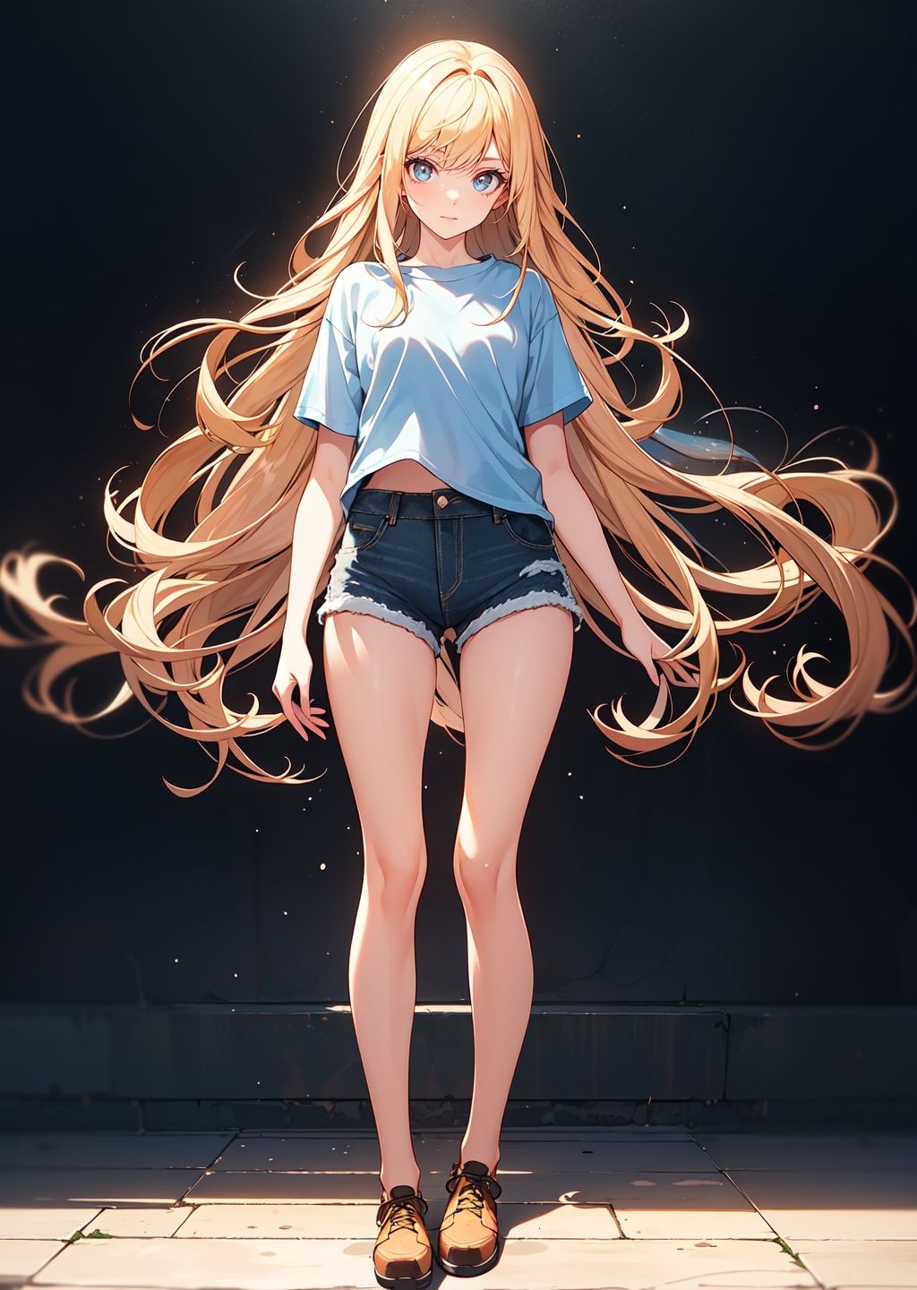 golden hair,1girl,loli green eyes,long hair,lighter,wavy hair,lighting,frizzy hair,(baby blue t-shirt),denim shorts,masterpieces,(((tall bangs))),happy,leg loop,side-swept bangs,full body,light smile,, fcportrait