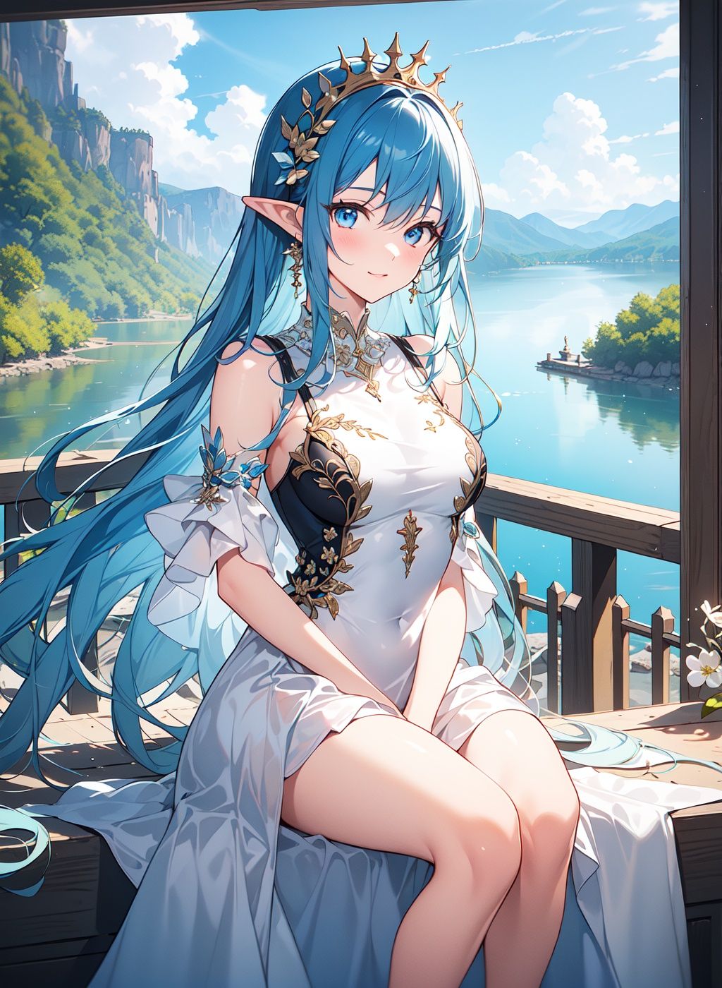 (masterpiece:1.15), (best quality:1.05), (extremely detailed CG unity 8k wallpaper:1.05), (finely detail:1.1), (ultra-detailed:1.1), (exquisite illustrations:1.05), (highres:1.05), original, (an extremely delicate and beautiful:1.05),best light,((lake)),(((outdoors))), best sky,pretty icloud,1girl,light smile,((beautiful princess dress)),white silk stockings,(blue hair), very long hair,(blue eyes),pointy ears, another world,, fcportrait