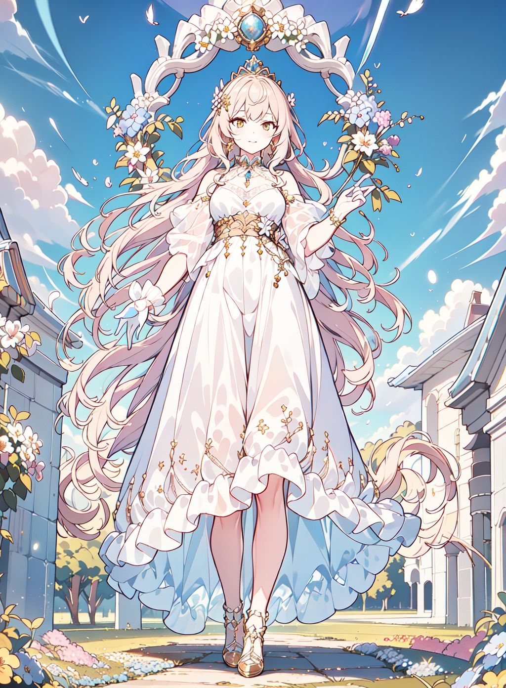 [Lens:1],(Panorama, full body),(cowboy shot),[Special effects:1],best quality,official art,extremely detailed CG unit 8k wallpaper,masterpiece,highly detailed,8k resolution,psychedelic scene,hazy feeling,masterpiece,ultra detailed,extremely exquisite and beautiful,detailed lighting,illustrations,beautifully drawn,very detailed,starry shining,Milky Way,nebula,[Character:1],(1 gril),<lora:OC_Antoinette:1>,[Lighting:1],((Global illumination, circular lighting, fill light, ray tracing, Tyndall effect, specular reflection, character shadow, character stroke)),[Appearance:1],Crystal Crown: Sky Blue Tail Long Dress: White Lace Edge Gloves: White Suspended Socks: Crystal High Heels,Clothing Hollow Carved Patterns,Lace Edge,<lora:lo_dress_classic_style3_v1:1> [Action:1],squint at the camera,make a prayer gesture,and slowly walk forward sideways,[Environment:1],outdoor scene,(daytime, sunny),blue sky and white clouds,endless sea of flowers,petals fluttering all over the sky,glowing feathers,and warm spring breeze,<lora:add_detail:-0.5><lora:standingFullBodyWithBackgroundStyle_v10Offset（立绘法:1>,<lora:hand_fix:1>,((golden eyes)),, fcportrait