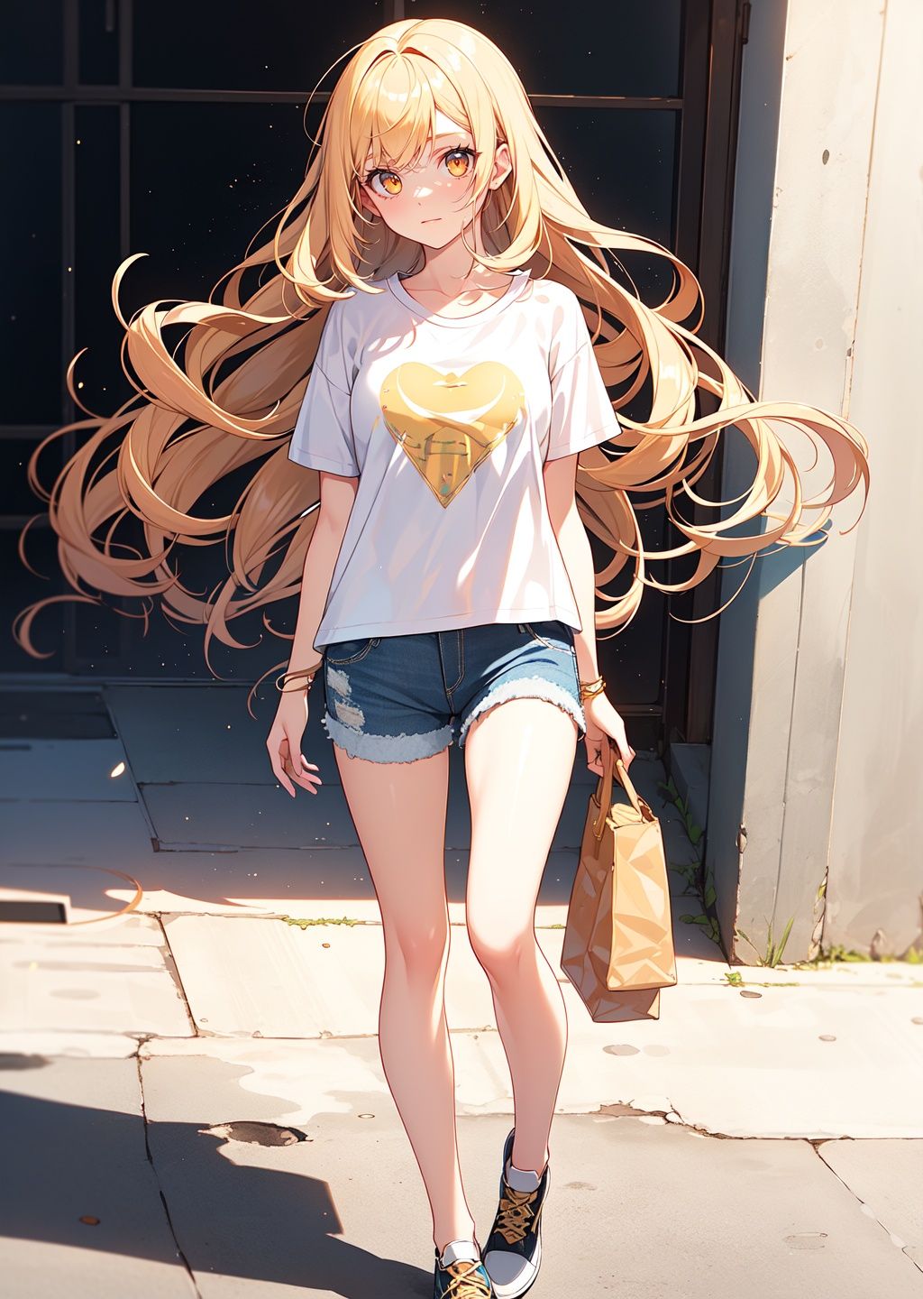 golden hair,1girl,loli green eyes,long hair,lighter,wavy hair,lighting,frizzy hair,(baby blue t-shirt),denim shorts,masterpieces,(((tall bangs))),happy,leg loop,side-swept bangs,full body,light smile,, fcportrait