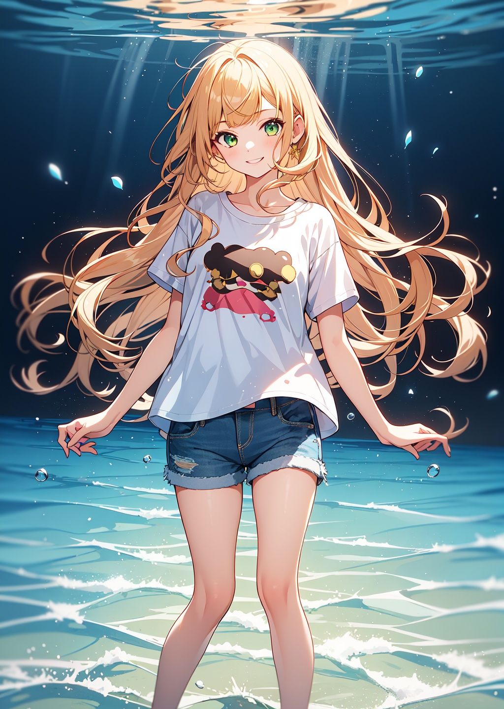 golden hair, 1girl,loli green eyes,  long hair, lighter, wavy hair, lighting, frizzy hair, (baby blue t-shirt), denim shorts, masterpieces, ,(((tall bangs))),happy,leg loop,side-swept bangs, full body,light smile,, fcportrait