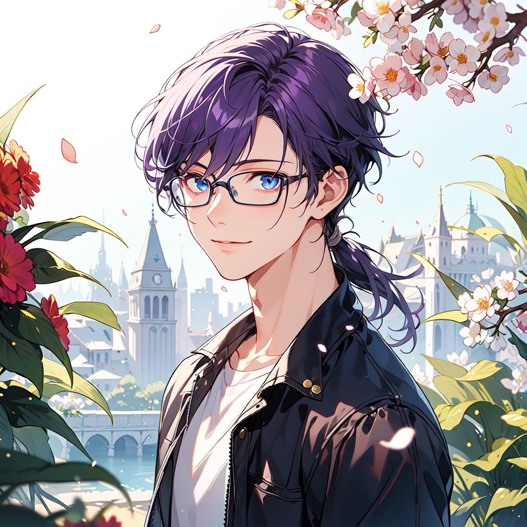 1boy,(((purple hair))),Low ponytail,unilateral long sideburns,glasses,elegant,Sven scum,light smile,*****,upper body,male focus,((dark blue eyes)),(masterpiece, best quality, high quality, highres, ultra-detailed),flower sea,sunlight,flying petals,flower tree,young blood,casual wear,, fcportrait