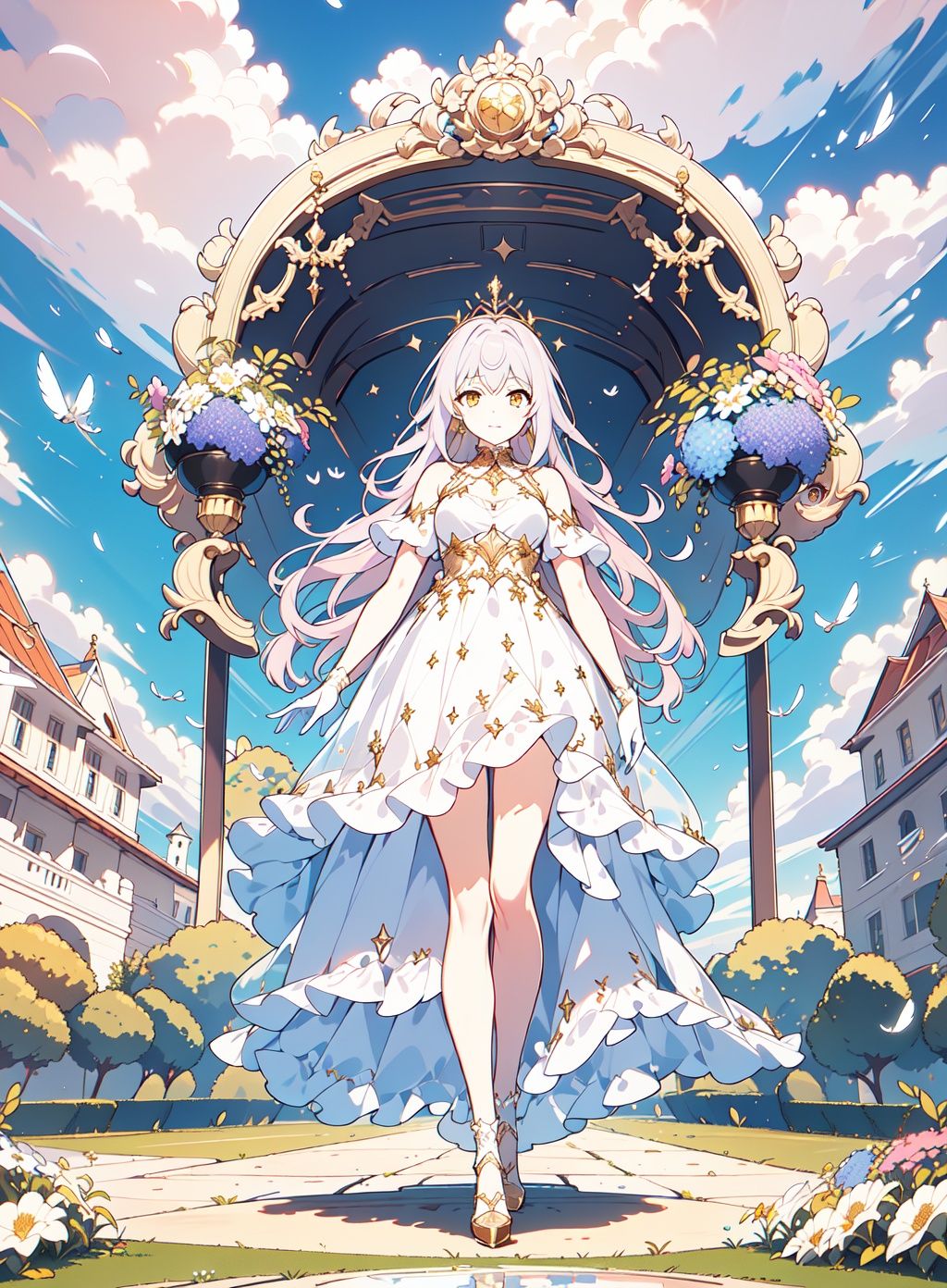 [Lens:1],(Panorama, full body),(cowboy shot),[Special effects:1],best quality,official art,extremely detailed CG unit 8k wallpaper,masterpiece,highly detailed,8k resolution,psychedelic scene,hazy feeling,masterpiece,ultra detailed,extremely exquisite and beautiful,detailed lighting,illustrations,beautifully drawn,very detailed,starry shining,Milky Way,nebula,[Character:1],(1 gril),<lora:OC_Antoinette:1>,[Lighting:1],((Global illumination, circular lighting, fill light, ray tracing, Tyndall effect, specular reflection, character shadow, character stroke)),[Appearance:1],Crystal Crown: Sky Blue Tail Long Dress: White Lace Edge Gloves: White Suspended Socks: Crystal High Heels,Clothing Hollow Carved Patterns,Lace Edge,[Action:1],squint at the camera,make a prayer gesture,and slowly walk forward sideways,[Environment:1],outdoor scene,(daytime, sunny),blue sky and white clouds,endless sea of flowers,petals fluttering all over the sky,glowing feathers,and warm spring breeze,<lora:add_detail:-0.5><lora:standingFullBodyWithBackgroundStyle_v10Offset（立绘法:1>,<lora:hand_fix:1>,((golden eyes)),, fcportrait