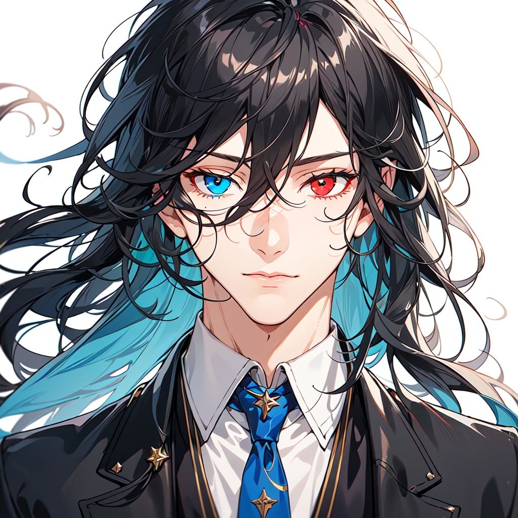 1male,male focus, 1boy,black hair, elegant, ELEGANT,long hair, ***** male，mature,Long face, masterpiece, best quality, anime style, <lora:standingFullBodyWithBackgroundStyle_v10Offset:1>, <lora:banTEST (3):1>,(((heterochromia))), left red eye,right blue eye, fcportrait