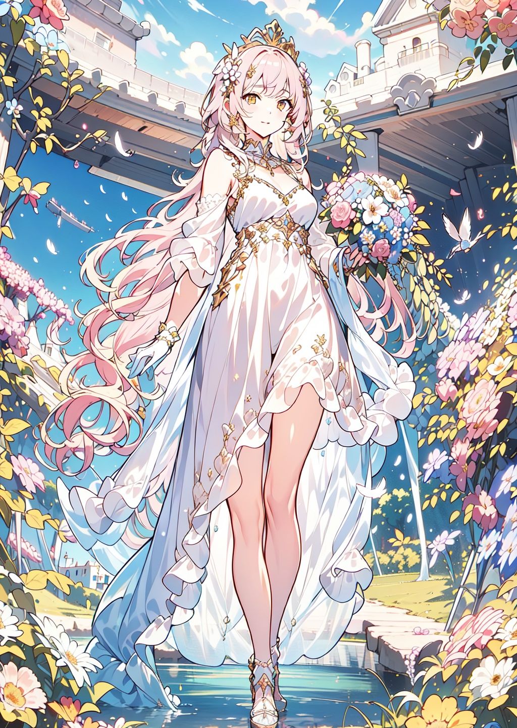 [Lens:1],(Panorama, full body),(cowboy shot),[Special effects:1],best quality,official art,extremely detailed CG unit 8k wallpaper,masterpiece,highly detailed,8k resolution,psychedelic scene,hazy feeling,masterpiece,ultra detailed,extremely exquisite and beautiful,detailed lighting,illustrations,beautifully drawn,very detailed,starry shining,Milky Way,nebula,[Character:1],(1 gril),<lora:OC_Antoinette:1>,[Lighting:1],((Global illumination, circular lighting, fill light, ray tracing, Tyndall effect, specular reflection, character shadow, character stroke)),[Appearance:1],Crystal Crown: Sky Blue Tail Long Dress: White Lace Edge Gloves: White Suspended Socks: Crystal High Heels,Clothing Hollow Carved Patterns,Lace Edge,<lora:lo_dress_classic_style3_v1:1> [Action:1],squint at the camera,make a prayer gesture,and slowly walk forward sideways,[Environment:1],outdoor scene,(daytime, sunny),blue sky and white clouds,endless sea of flowers,petals fluttering all over the sky,glowing feathers,and warm spring breeze,<lora:add_detail:-0.5><lora:standingFullBodyWithBackgroundStyle_v10Offset（立绘法:1>,<lora:hand_fix:1>,((golden eyes)),, fcportrait