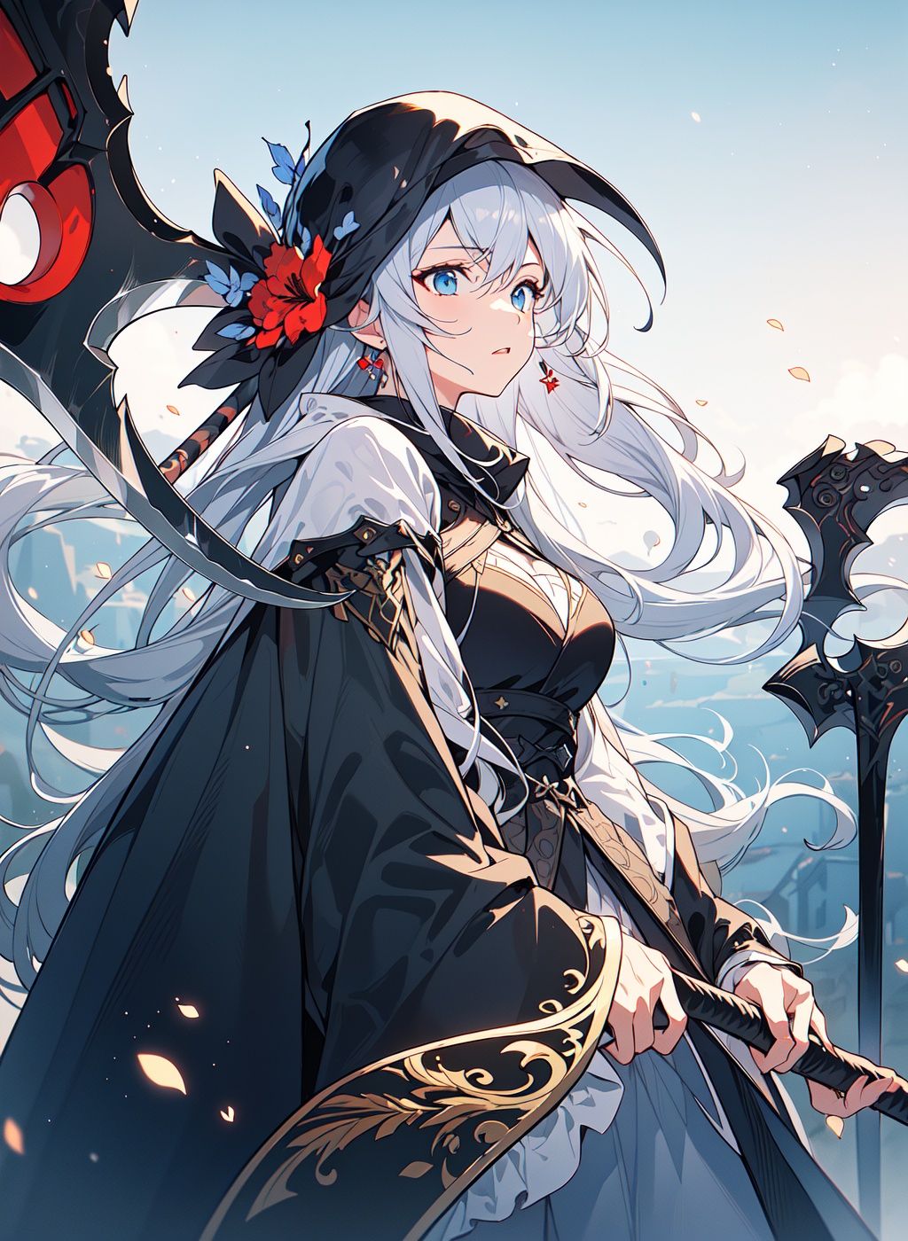 (Main tone:(black:1.25)+(dark blue:0.8)), (baroque:1.25), panorama, ethereal, (night:1.25),(depth of field:1.25),(solo:1.4), ((1girl):((legendary story characters:god_of_death):1.4)) ,(white hair), blue eyes ,(black cloak) ,[torn cloak],((holding a (scythe:1.3) in hand ):magic game works style, geometric style, ferocious),[fantastic colorful],(dramatic angle:1.2), [flowers meadows], lily (flower), (masterpiece:1.25),(ultra-detailed:1.2),best quality, (illustration:1.3),, fcportrait