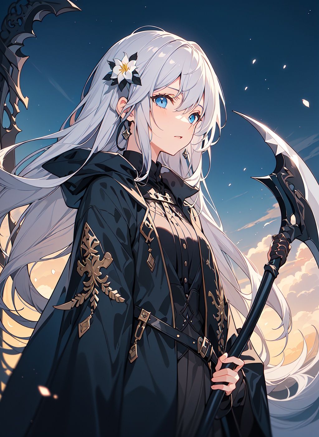 (Main tone:(black:1.25)+(dark blue:0.8)), (baroque:1.25), panorama, ethereal, (night:1.25),(depth of field:1.25),(solo:1.4), ((1girl):((legendary story characters:god_of_death):1.4)) ,(white hair), blue eyes ,(black cloak) ,[torn cloak],((holding a (scythe:1.3) in hand ):magic game works style, geometric style, ferocious),[fantastic colorful],(dramatic angle:1.2), [flowers meadows], lily (flower), (masterpiece:1.25),(ultra-detailed:1.2),best quality, (illustration:1.3),, fcportrait