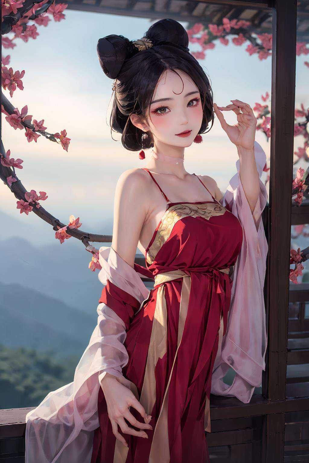 masterpiece,best quality, mist-shrouded，Purple smoke, forests,  1 girl, daji, smille, red dress, chinese clothes, bare shoulders, pink earrings,mysteries, branches, fallen leaves <lora:daji_v2:0.8>